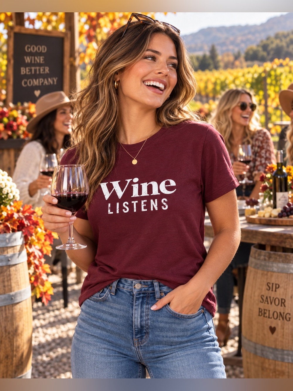 Grunt Style Burgundy "Wine Listens" Women's Graphic Tee